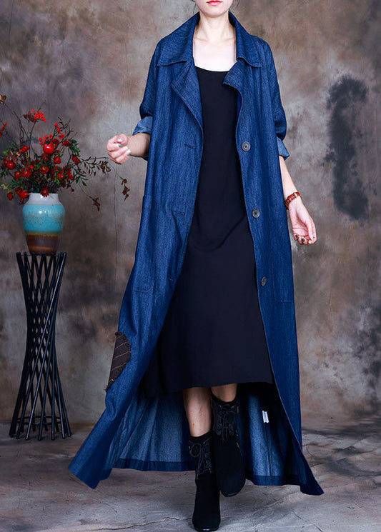 Fashion Blue Button Tie à la taille Peter Pan Collar coton Trench-Coats de Denim Spring