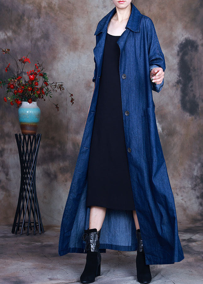 Fashion Blue Button Tie à la taille Peter Pan Collar coton Trench-Coats de Denim Spring