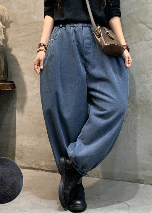 Pantalon lanterne en denim bleu mode hiver épais