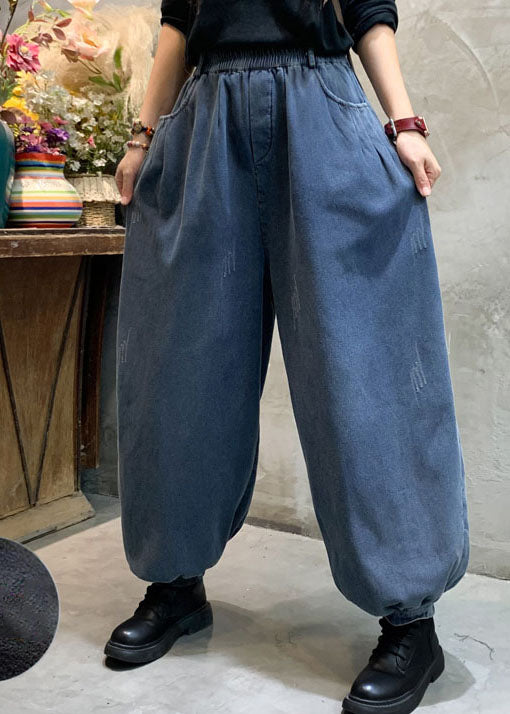 Pantalon lanterne en denim bleu mode hiver épais