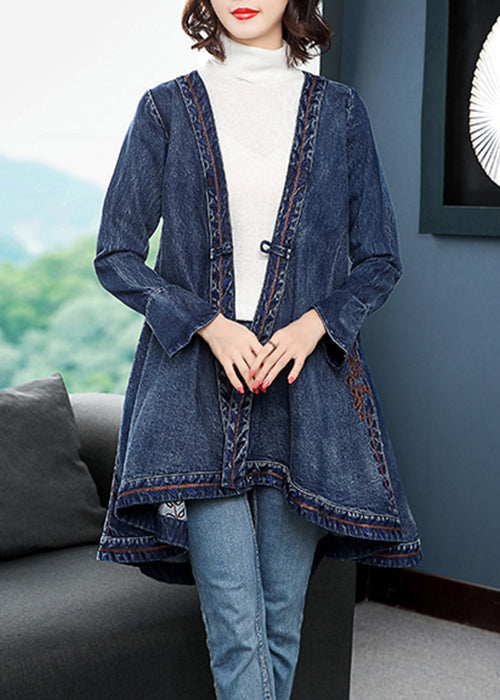 Fashion Blue Low High Design V Neck Broideried Cotton Denim Trench Coats à manches longues