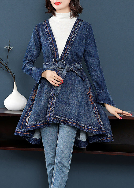 Fashion Blue Low High Design V Neck Broideried Cotton Denim Trench Coats à manches longues