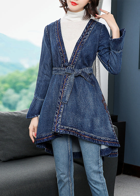 Fashion Blue Low High Design V Neck Broideried Cotton Denim Trench Coats à manches longues