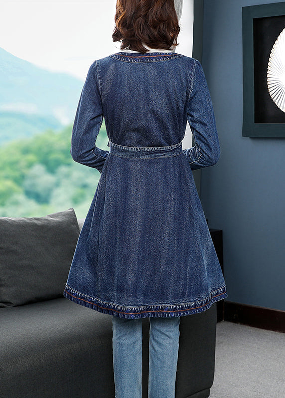 Fashion Blue Low High Design V Neck Broideried Cotton Denim Trench Coats à manches longues