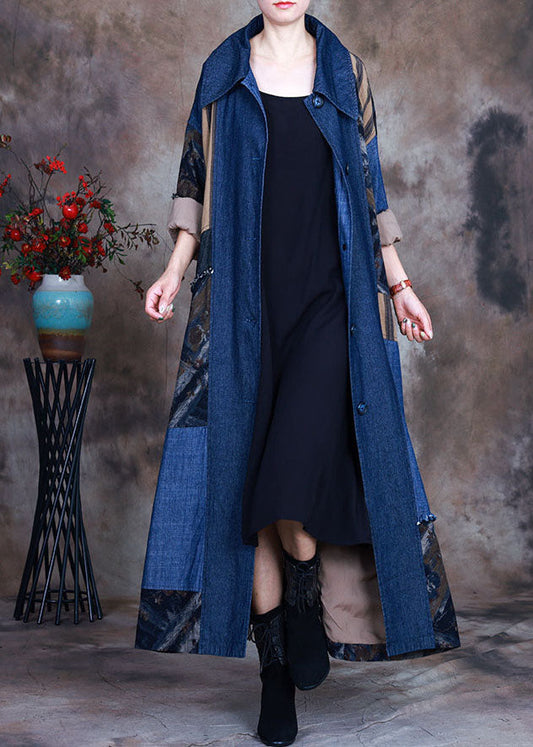 Fashion Blue Tie taille Peter Pan Collar Patchwork Cotton Denim Trench Spring