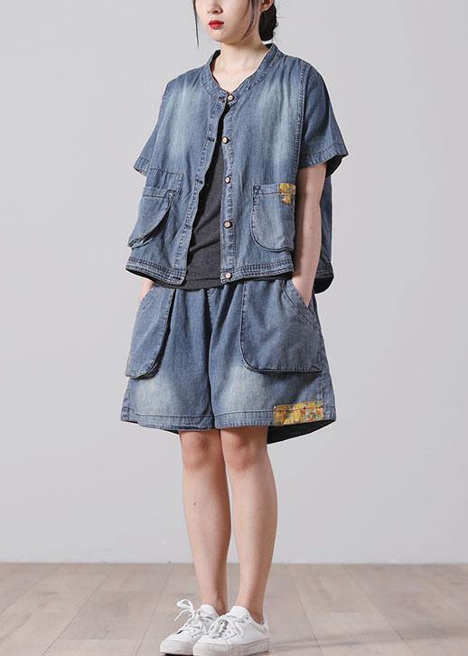 Fashion Button Blue Short Sleeve tops hot pants Denim Two Piece Suit Set - SooLinen