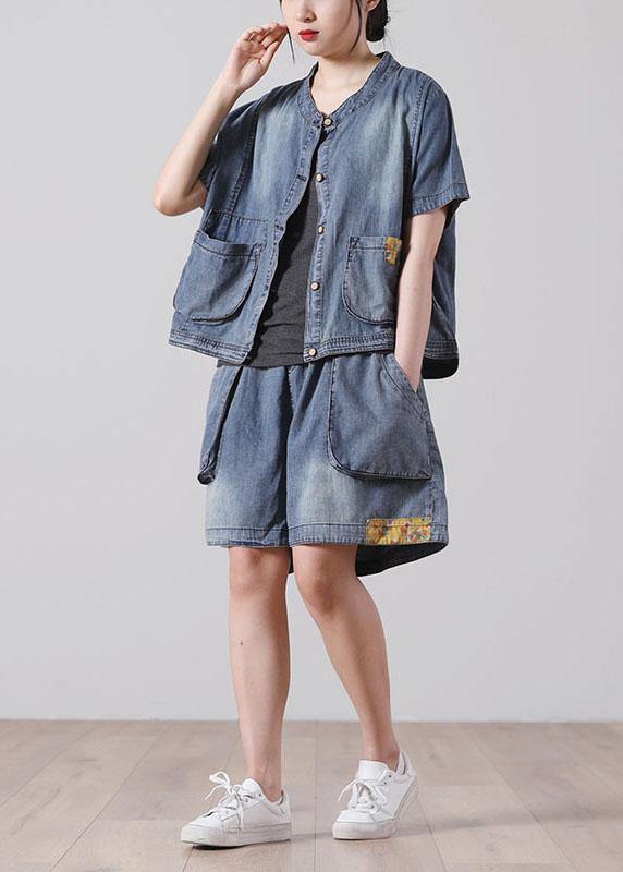 Fashion Button Blue Short Sleeve tops hot pants Denim Two Piece Suit Set - SooLinen