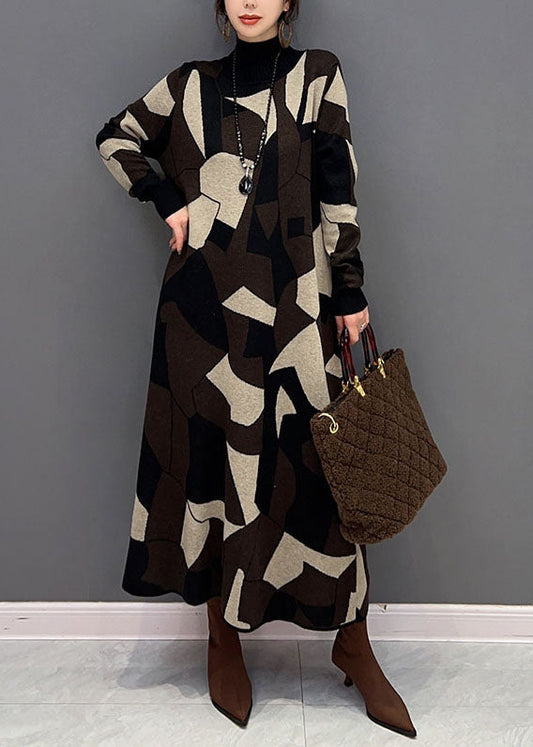 Fashion Chocolate Hign Neck Geometric Print Knit Sweater Dress Winter