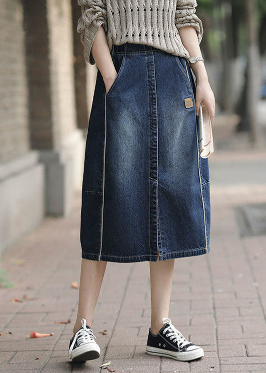 Fashion Denim Blue High Pockets Patchwork Side Side Open Cotton jupes Summer