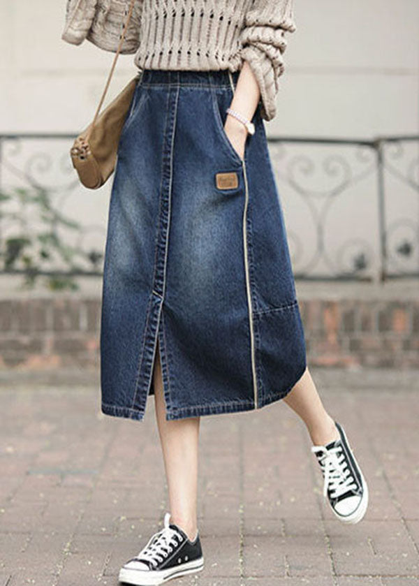 Fashion Denim Blue High Pockets Patchwork Side Side Open Cotton jupes Summer