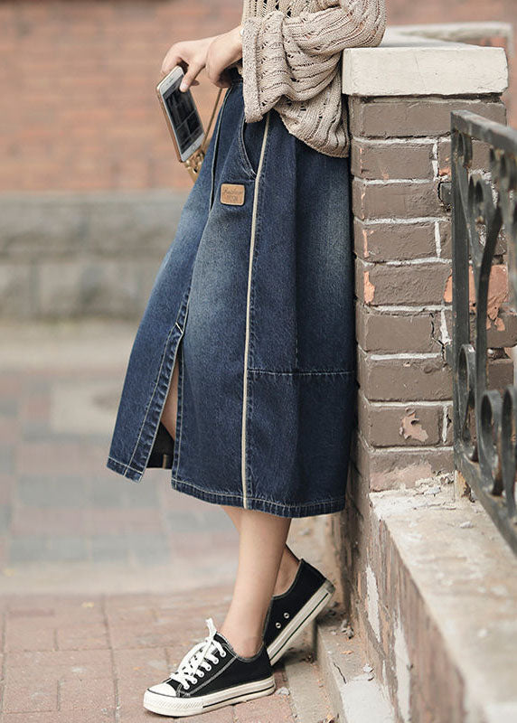 Fashion Denim Blue High Pockets Patchwork Side Side Open Cotton jupes Summer