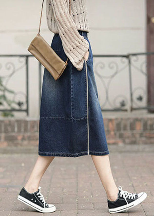 Fashion Denim Blue High Pockets Patchwork Side Side Open Cotton jupes Summer