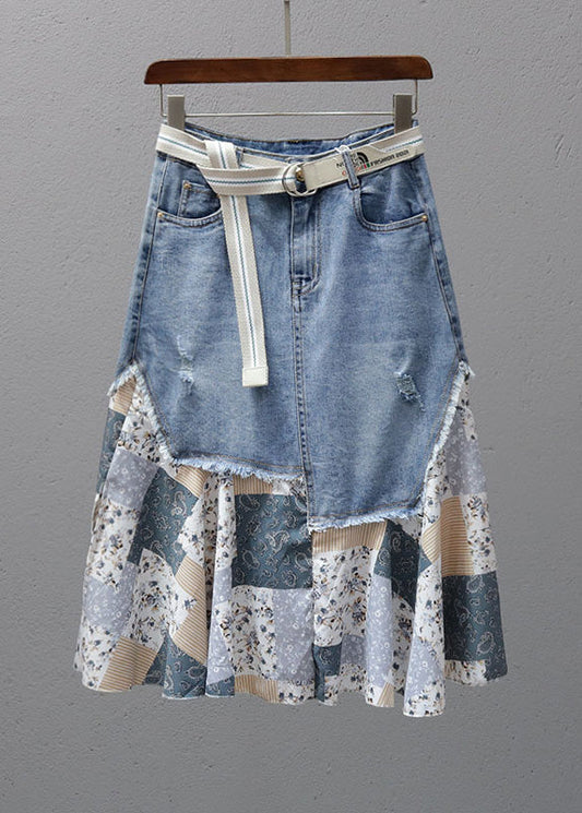 Fashion Denim Blue Print Patchwork High Waist Maxi Jupe Summer