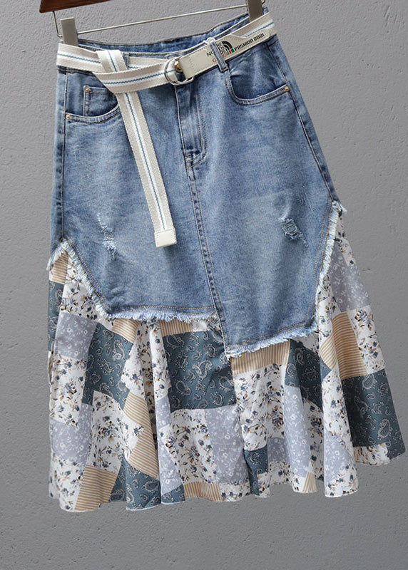 Fashion Denim Blue Print Patchwork High Waist Maxi Jupe Summer