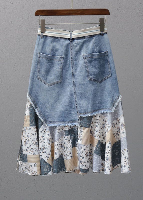 Fashion Denim Blue Print Patchwork High Waist Maxi Jupe Summer