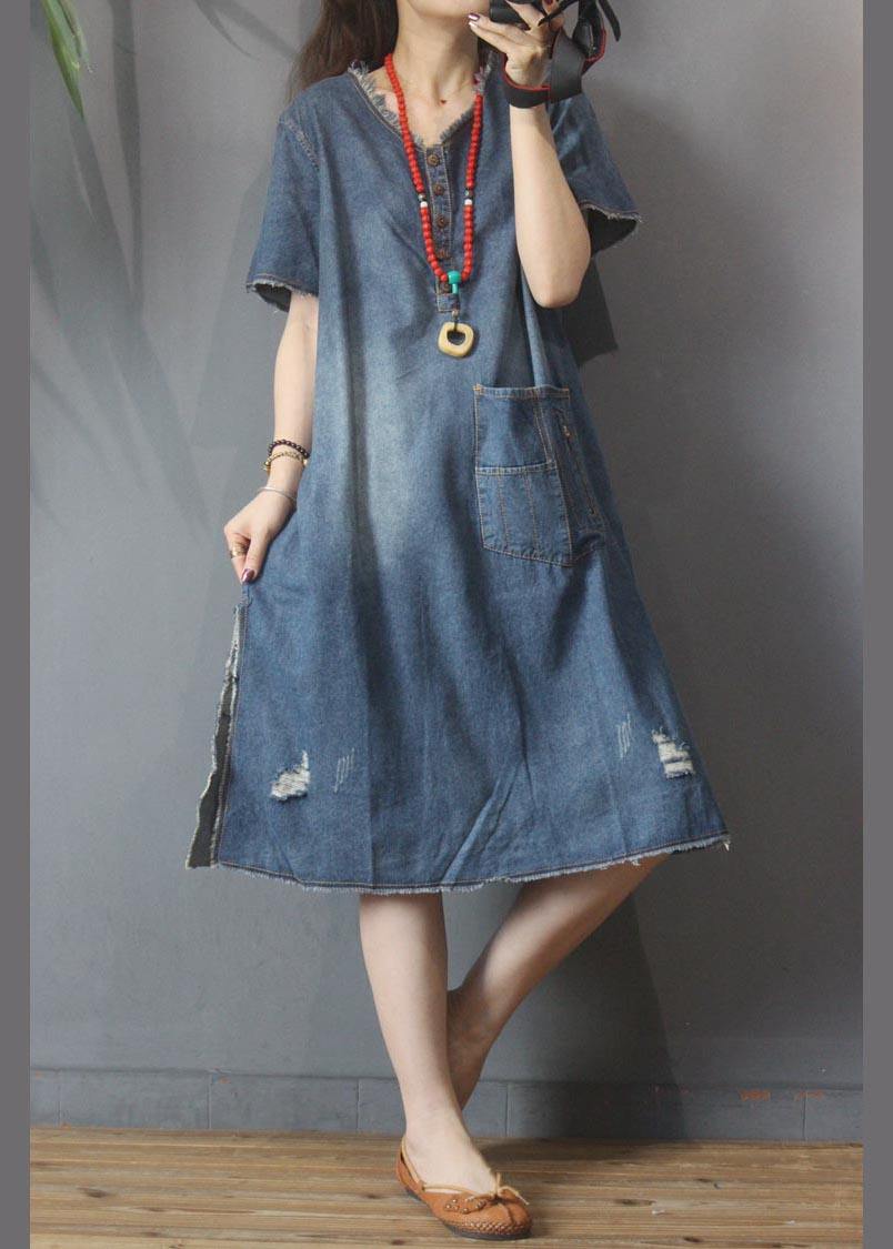 Fashion Denim V Neck side open Dress Summer - SooLinen