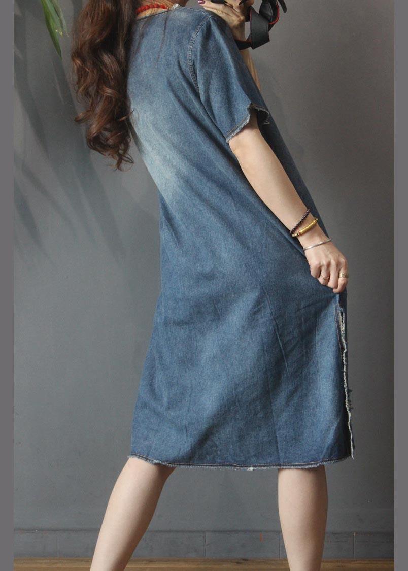 Fashion Denim V Neck side open Dress Summer - SooLinen