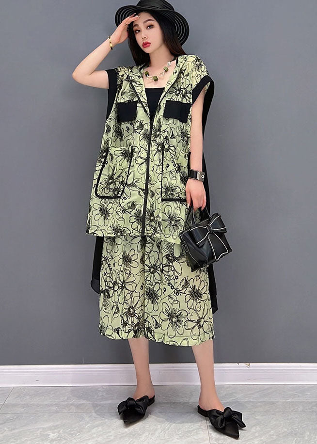 Fashion Green Hooded Patchwork Print Low High Design Chiffon Two Pieces Set Summer