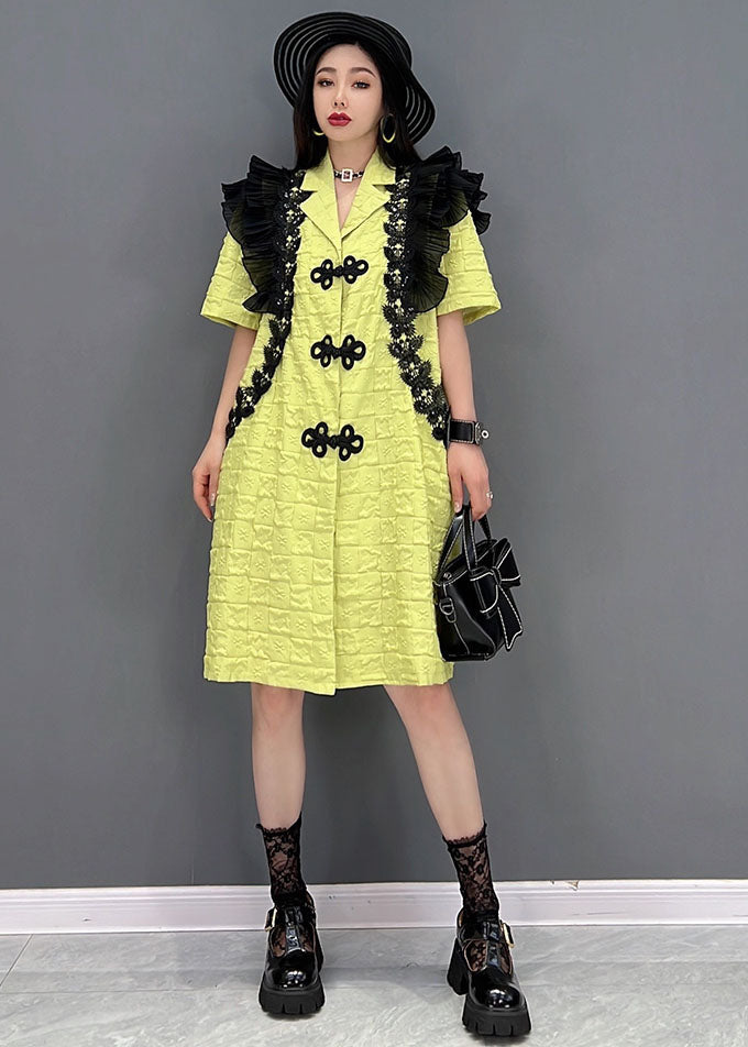 Fashion Green Notched Collar Patchwork Ruffles Oriental Button Mid Dresses Short Sleeve