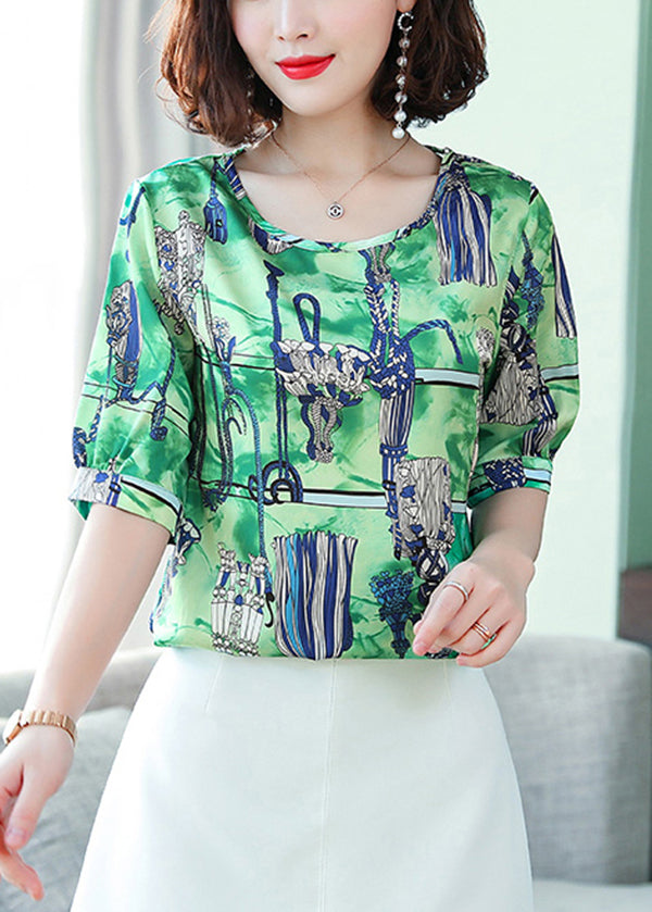 Fashion Green Oversized Print Silk Tanks Summer