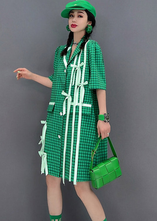 Fashion Green Peter Pan Bow Collar Plaid Button Shirt Short Sleeve