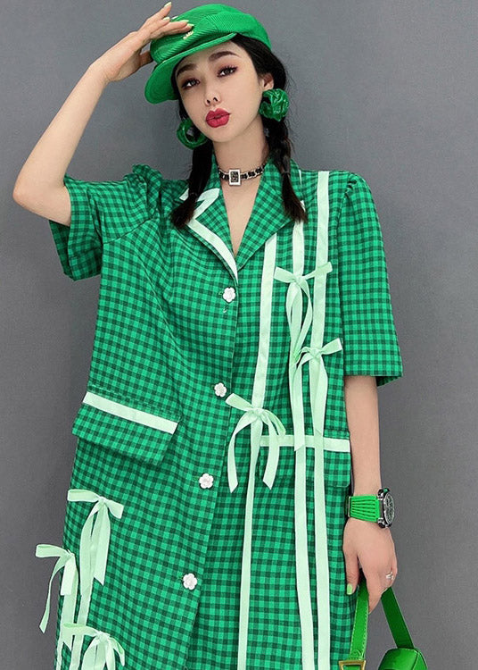 Fashion Green Peter Pan Bow Collar Plaid Button Shirt Short Sleeve