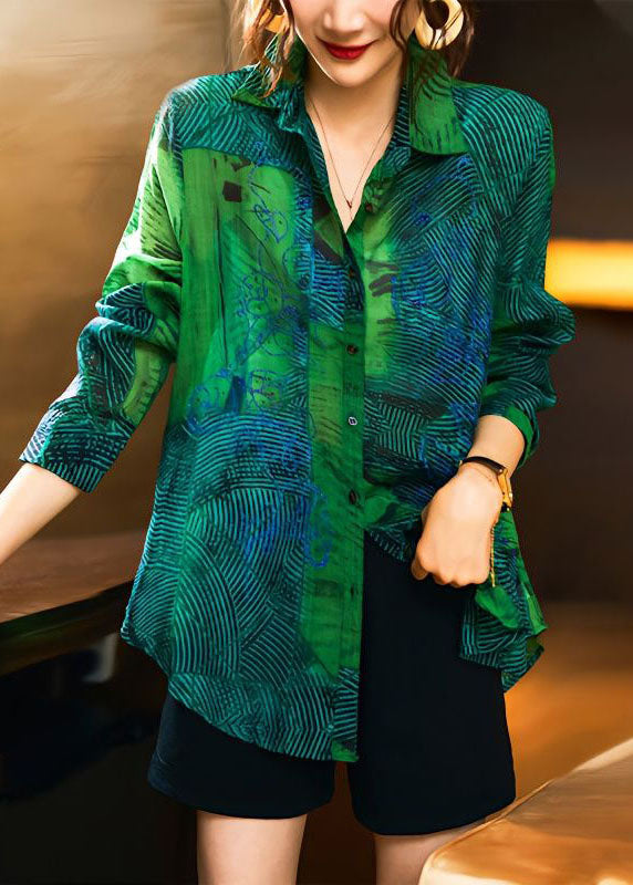 Fashion Green Peter Pan Collar Imprimé patchwork Coton Shirts à manches longues