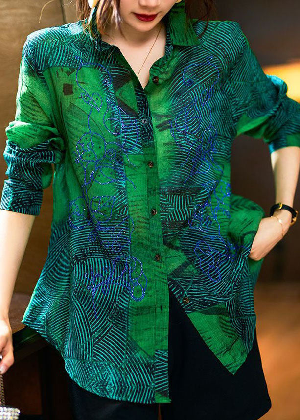 Fashion Green Peter Pan Collar Imprimé patchwork Coton Shirts à manches longues