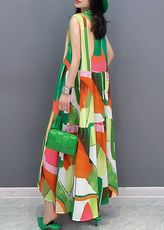 Fashion Green Print Button Vacation Maxi Dresses Sleeveless