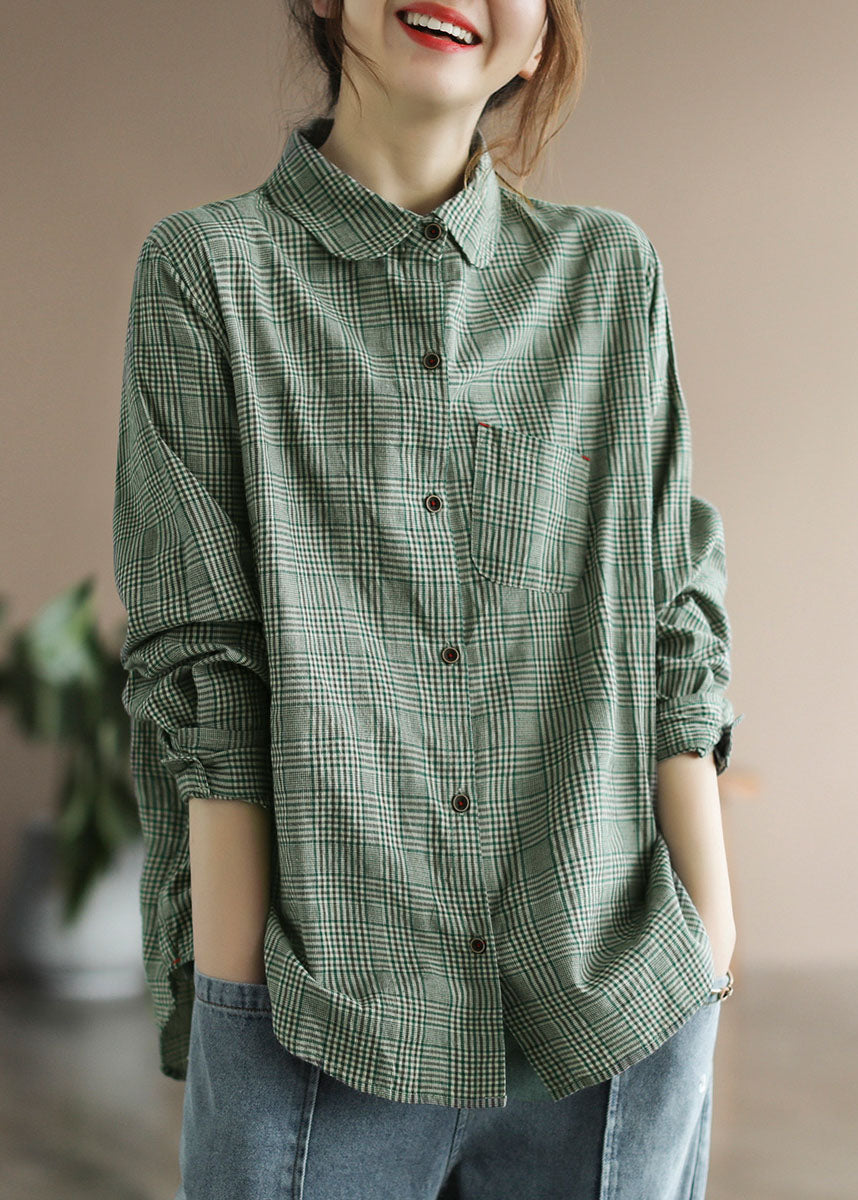 Fashion Green Button Peter Pan Collar Cotton Shirts Sleeve Long