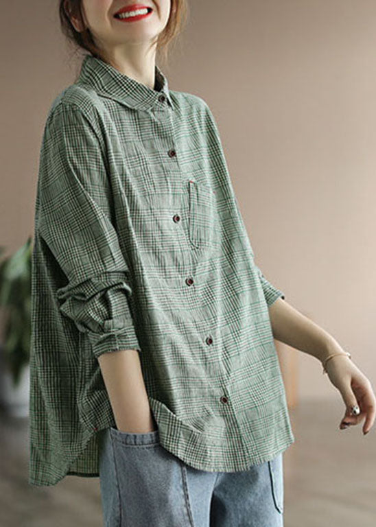 Fashion Green Button Peter Pan Collar Cotton Shirts Sleeve Long