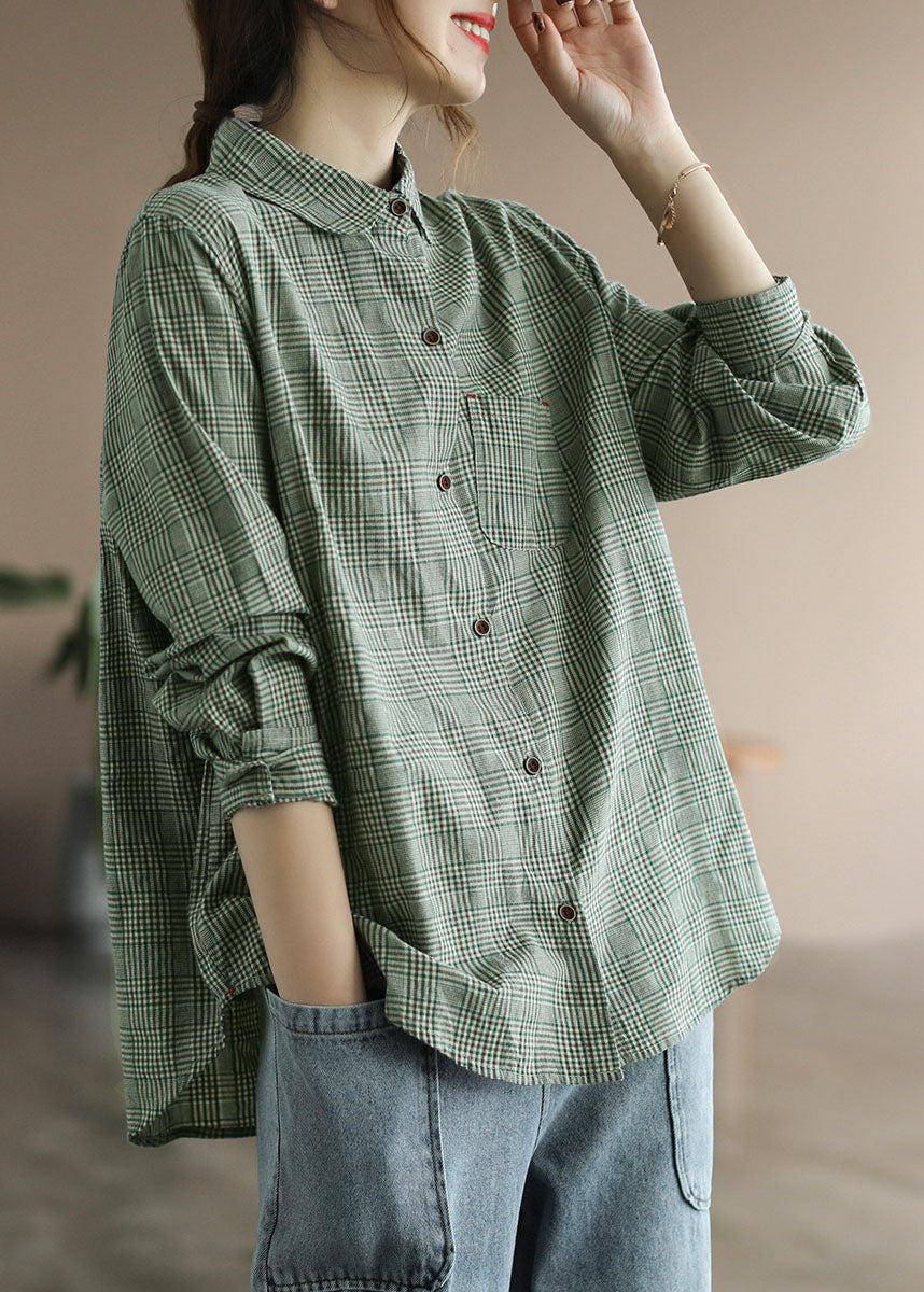 Fashion Green Button Peter Pan Collar Cotton Shirts Sleeve Long