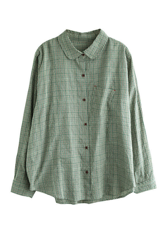 Fashion Green Button Peter Pan Collar Cotton Shirts Sleeve Long