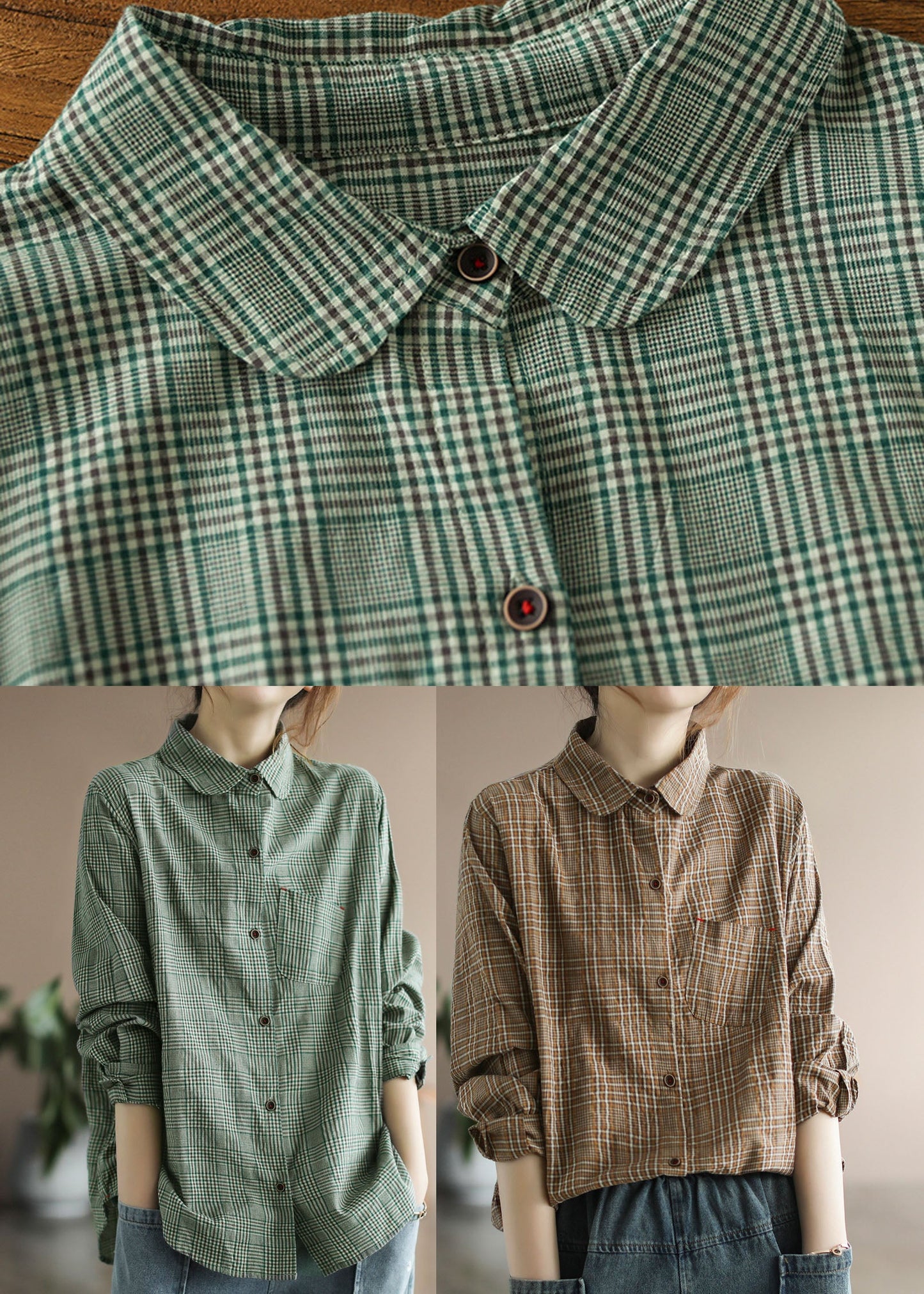 Fashion Green Button Peter Pan Collar Cotton Shirts Sleeve Long