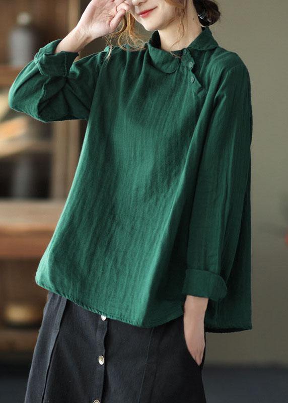 Fashion GreenPeter Pan Collar Button Fall Asymmetrical Design Top Long Sleeve - SooLinen