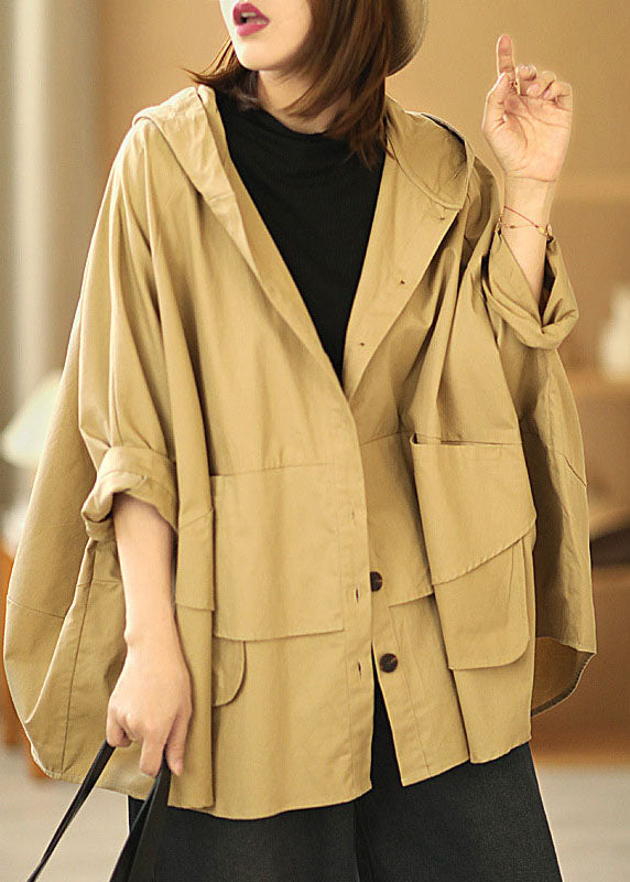 Mode Khaki Bat Wing Sleeve Patchwork Casual Fall Fall Hooded Coat