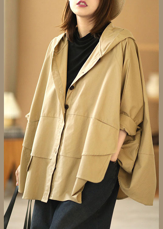 Mode Khaki Bat Wing Sleeve Patchwork Casual Fall Fall Hooded Coat