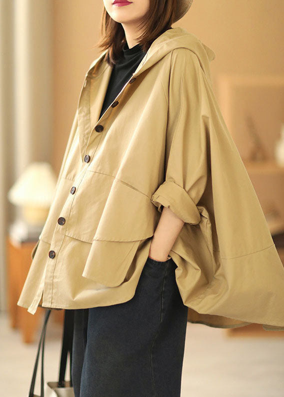 Mode Khaki Bat Wing Sleeve Patchwork Casual Fall Fall Hooded Coat