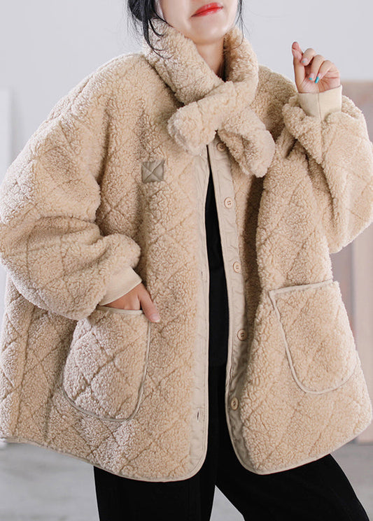 Fashion Khaki O-Neck Button Pockets Faux Fur Coat Hiver