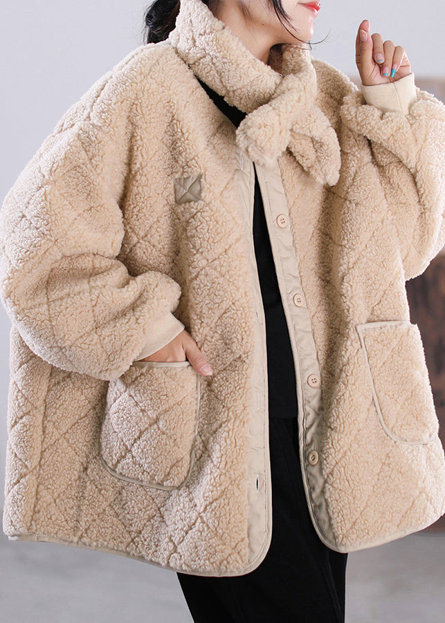 Fashion Khaki O-Neck Button Pockets Faux Fur Coat Hiver