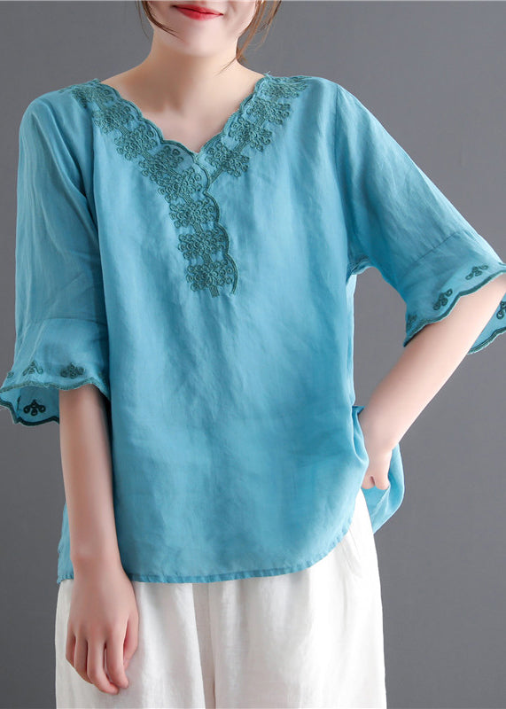 Fashion Lake Bleu V Neck Broideried Linen Tops Flare Sleeve