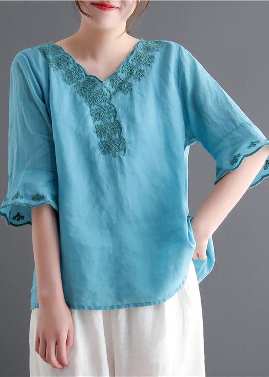 Fashion Lake Bleu V Neck Broideried Linen Tops Flare Sleeve