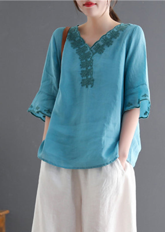 Fashion Lake Bleu V Neck Broideried Linen Tops Flare Sleeve