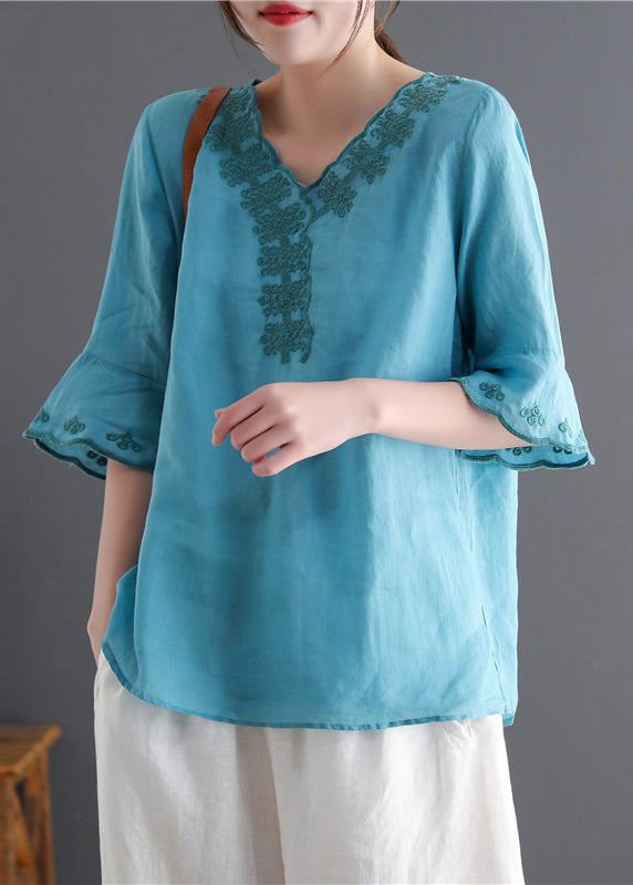 Fashion Lake Bleu V Neck Broideried Linen Tops Flare Sleeve