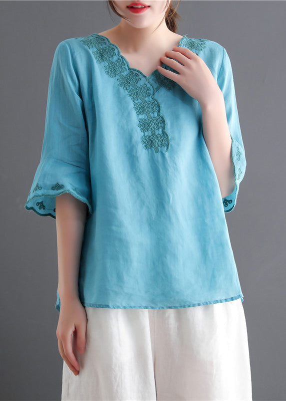 Fashion Lake Bleu V Neck Broideried Linen Tops Flare Sleeve