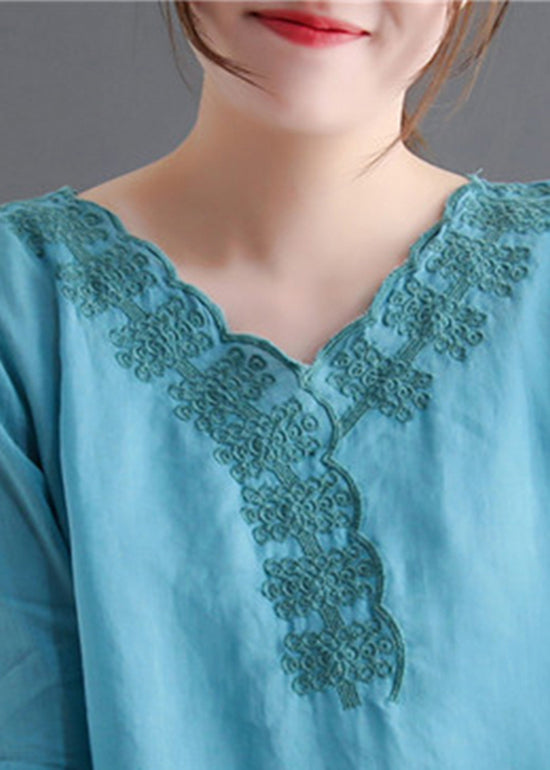 Fashion Lake Bleu V Neck Broideried Linen Tops Flare Sleeve