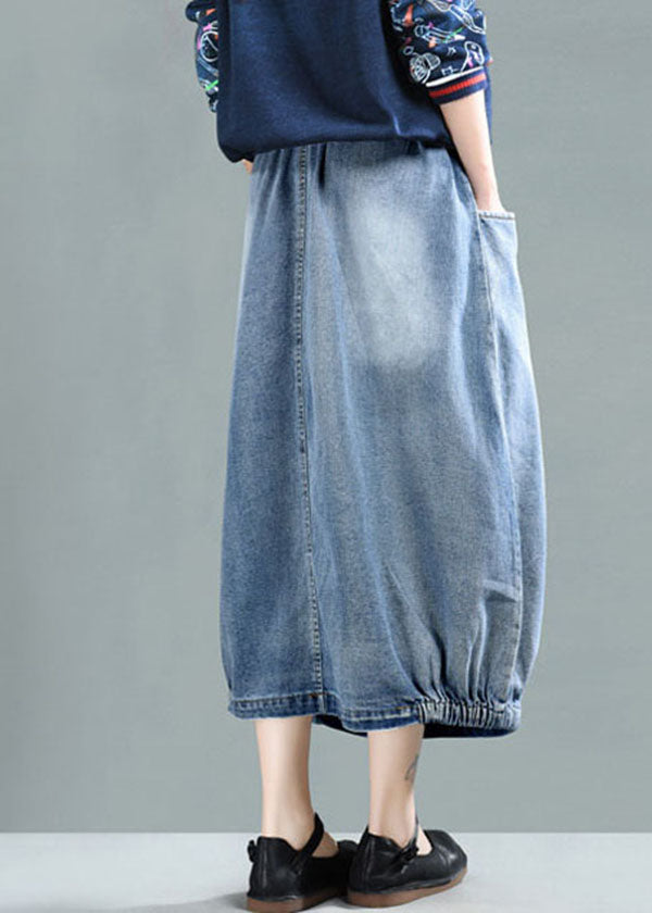 Fashion Light Blue Elastic Waist Pockets Cotton Denim Skirt Summer