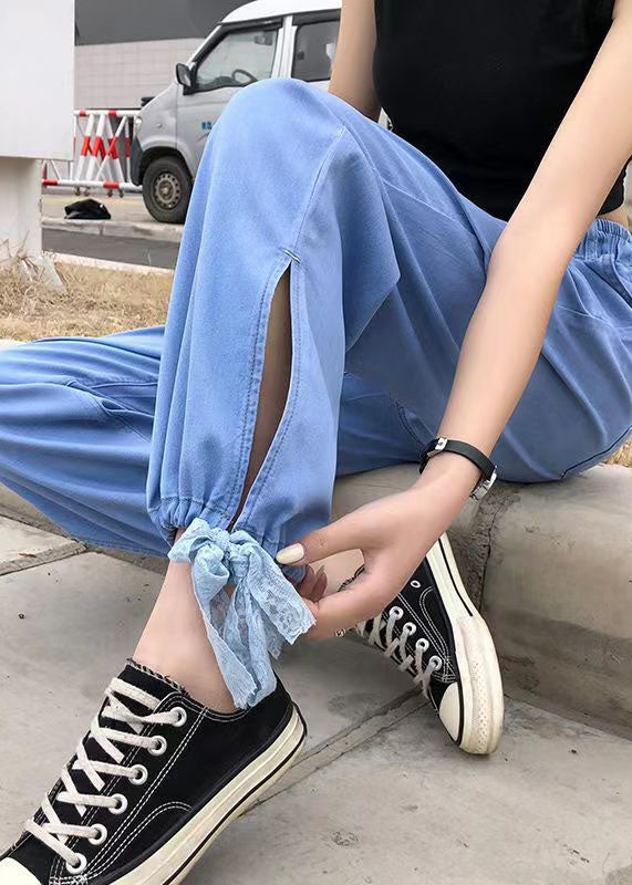 Fashion Bleu clair élastique côté coton ouvert pantalon en denim en coton été