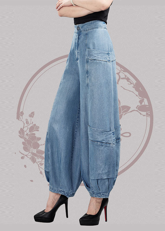 Fashion Light Blue High Taist Pockets Cotton Denim Lantern Pantal