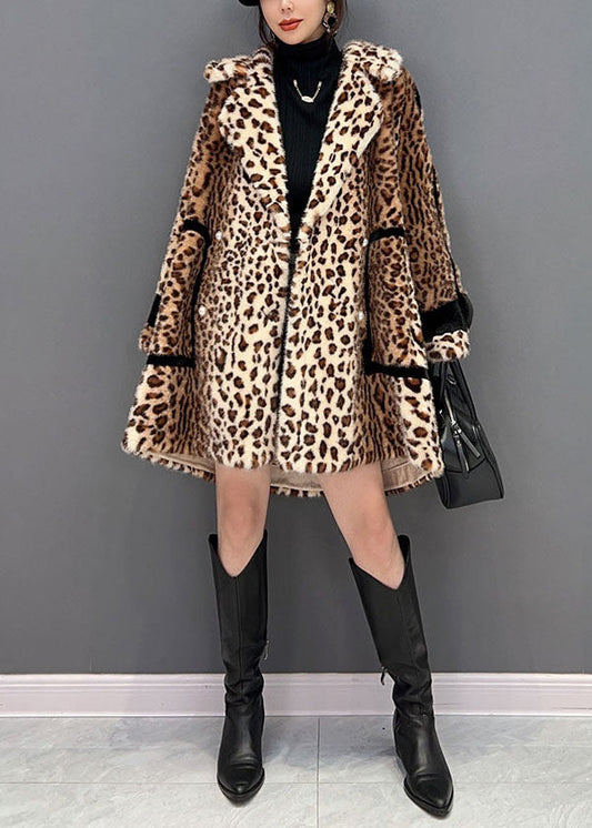 Fashion Light Chocolate Notched Leopard Fuzzy Fur Fluffy Fluffy Loose Coat Hiver